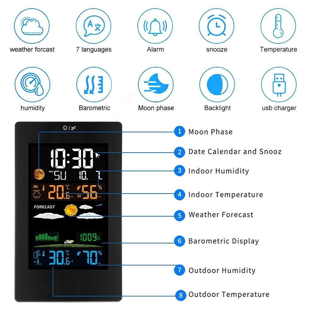 Weather Station Indoor Outdoor Forecaster with Digital Thermometer Hygrometer with Alarm Clock