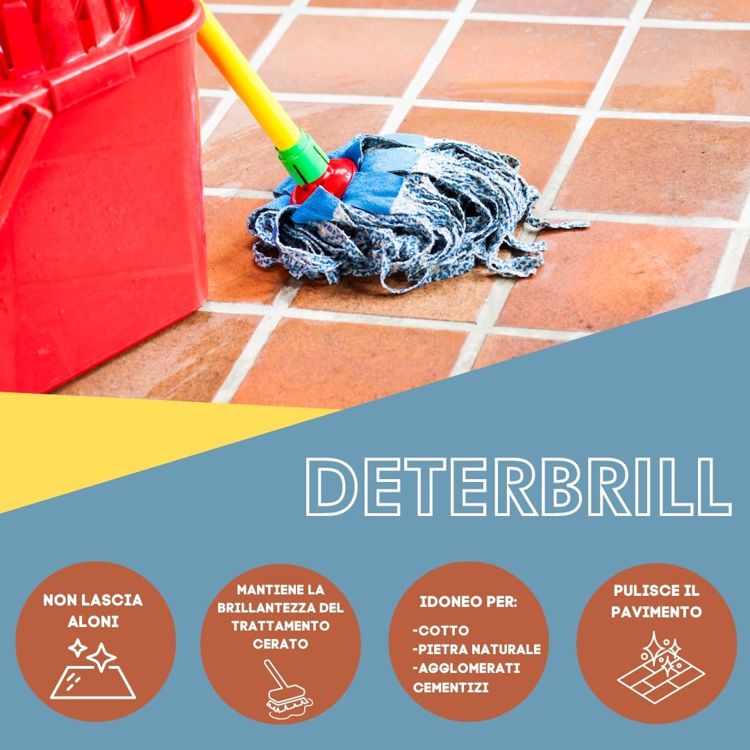 MARBEC DETERBRILL 1LTX6PZ Detergente neutro concentrato non aggressivo specifico per la pulizia dei pavimenti in cotto e pietre trattati a cera.