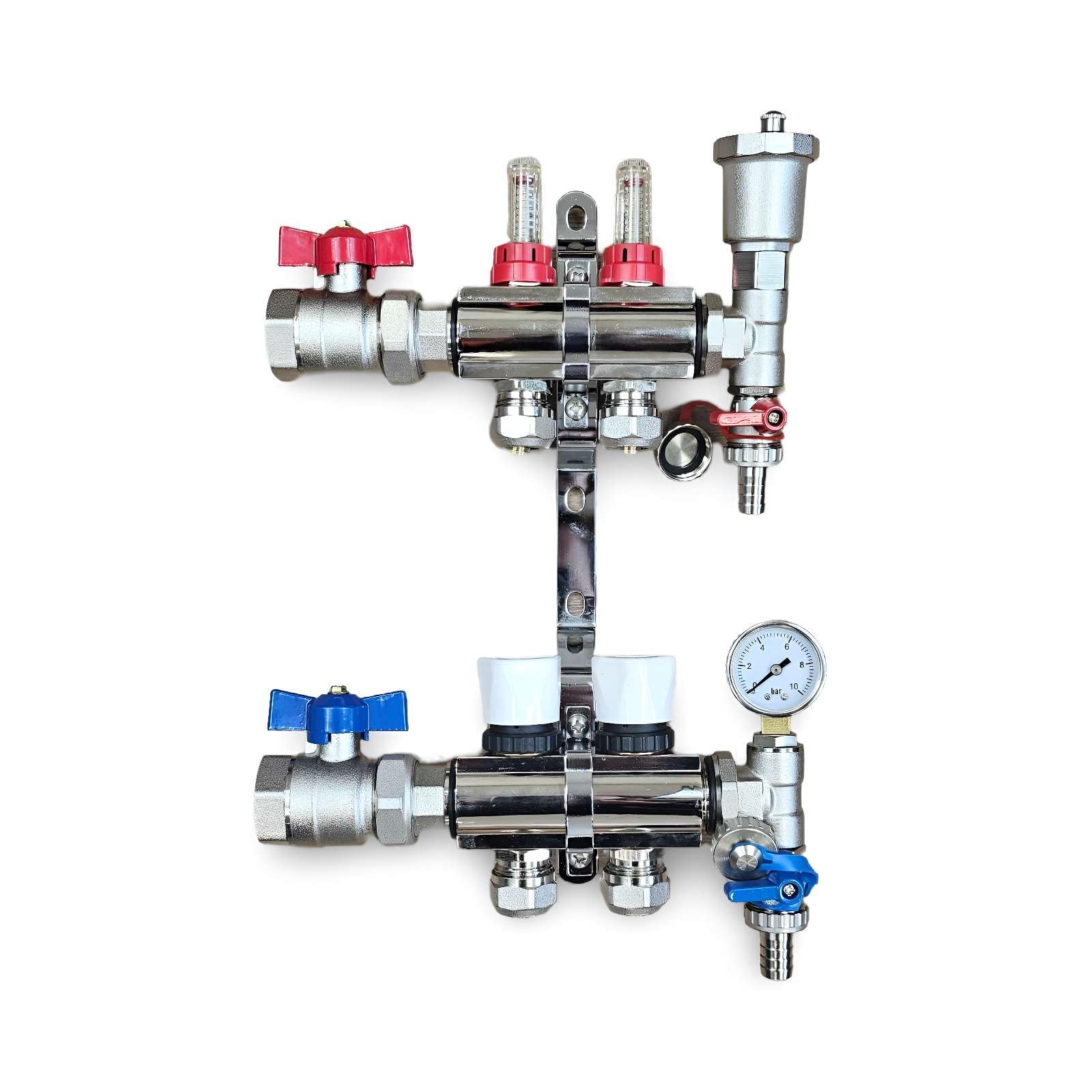Water Underfloor Heating 2 Port Complete Manifold with Pipe Connections, Ball Valves, Automatic Air Vent and Pressure Gauge End Unit