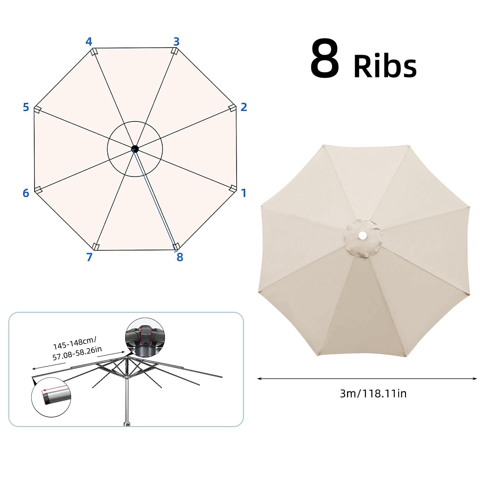 maxant Copertura di ricambio per ombrellone da 2,7 m/3 m + 6 bracci/8 braccia, copertura in tessuto di ricambio per ombrellone da giardino