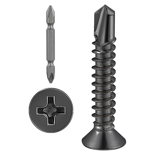 Wensilon(300pcs)#8×1”for Sheet Metal Self-Tapping Screws 410 Black Stainless Steel Flat Head High-Strength Quick self-Drilling Screws
