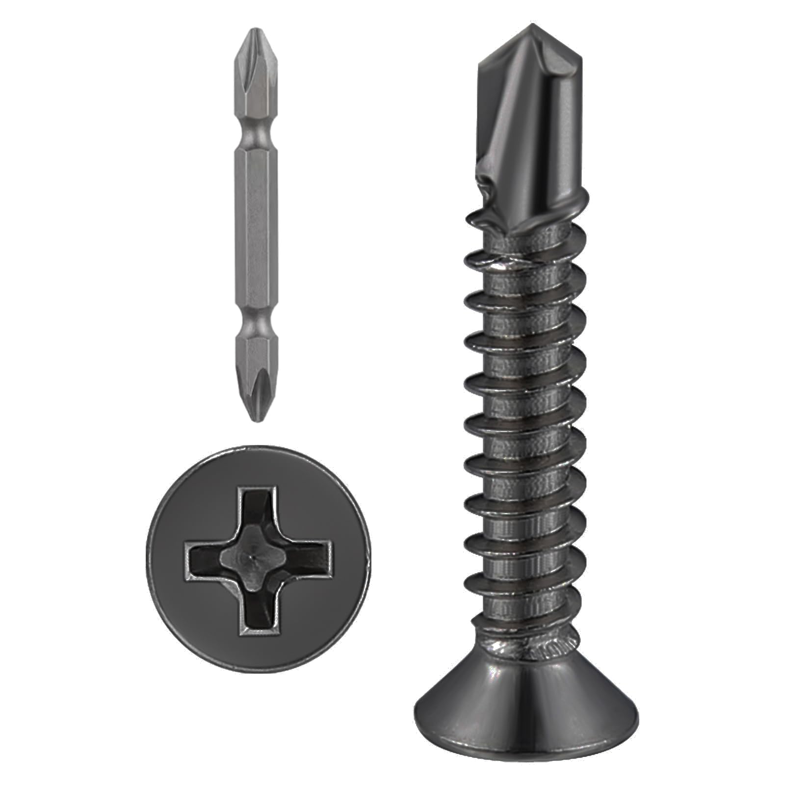 Wensilon（300pcs）#8×1”for Sheet Metal Self-Tapping Screws 410 Black Stainless Steel Flat Head High-Strength Quick self-Drilling Screws