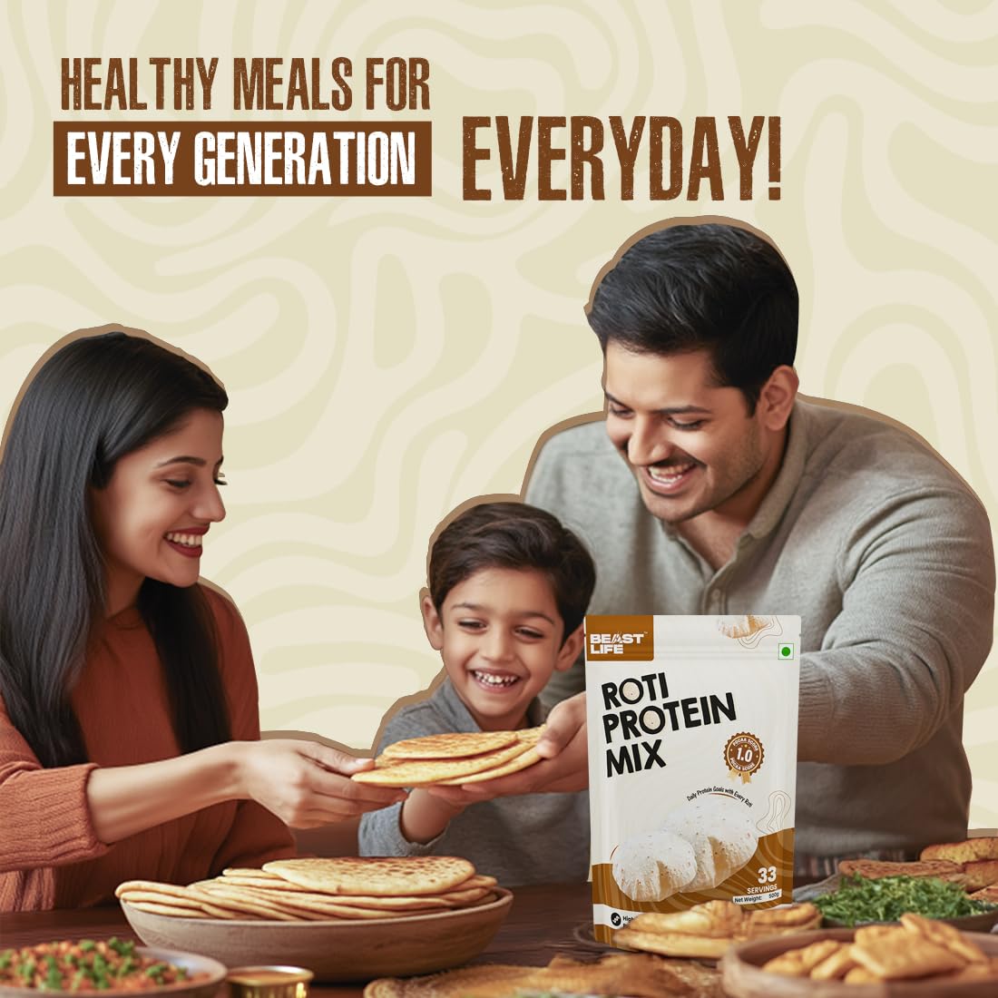 BeastLife High Rich Roti Mix 500 Gram (33 Servings) | 13 Gram Protein | 90% Protein per Scoop | For Muscle Growth, Brain Development & Immune Support | Clean Plant Protein Powder | Ideal for All Ages | Mixed with Roti, Parantha, Dosa, Dal etc 4