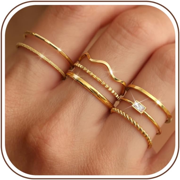THUNARAZ 8Pcs Stackable Rings for Women Non Tarnish Stainless Steel Rings | Dainty Rings Set, Minimalist Thin Statement Ring, CZ Wave Rings for Stacking, Knuckle Midi Thumb Silver Gold Rings Size 5-10