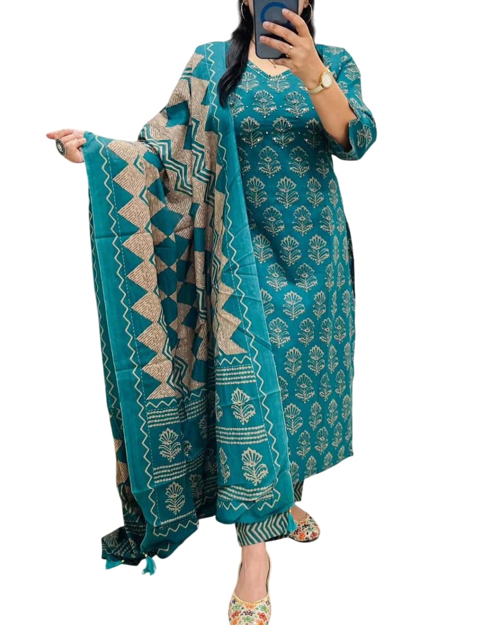 Women's Cotton Trending Straight Kurta with Pants and Dupatta Set | Ethnic Set (Teal)