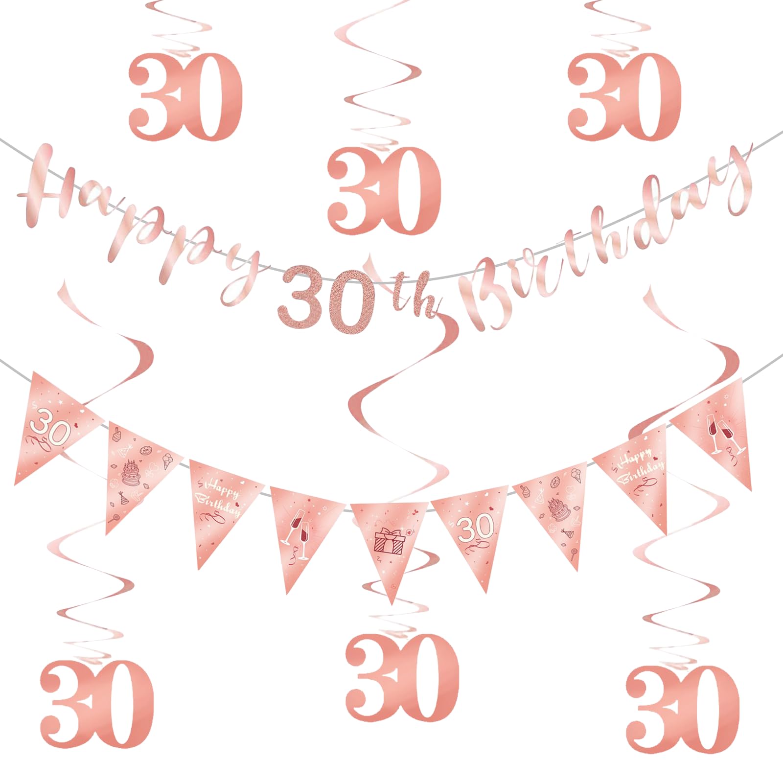 30th Birthday Party Decorations with Happy 30th Birthday Bunting Banner Hanging Swirls Streamers for Girl Party Decoration Supplies (Rose Gold) (30-Rose Gold)