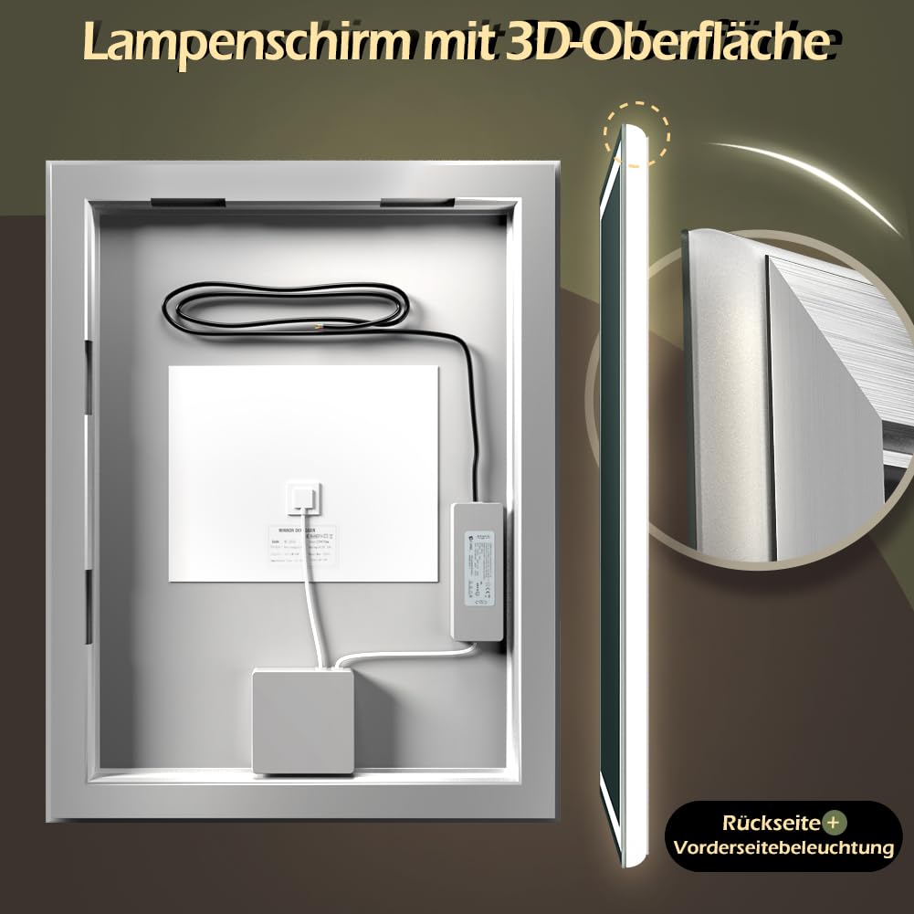 GANPE Specchio da bagno a LED, specchio da trucco, montaggio a parete, 6500 K, LED ad alto lumen, anti nebbia, IP44 impermeabile+verticale e orizzontale (90 x 60 cm)