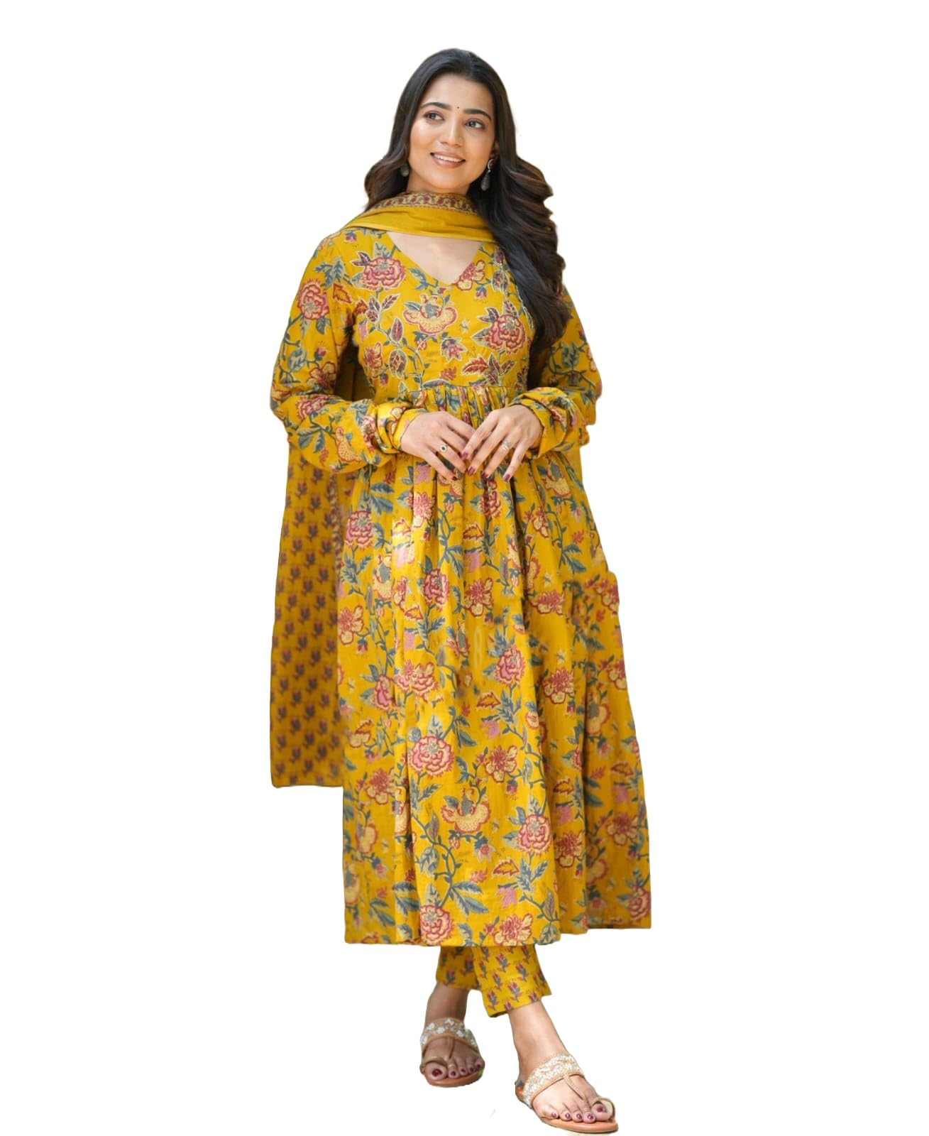 Nermosa Women Printed Anarkali Kurta And Pant Set With Dupatta (In, Alpha, L, Mustard Yellow)