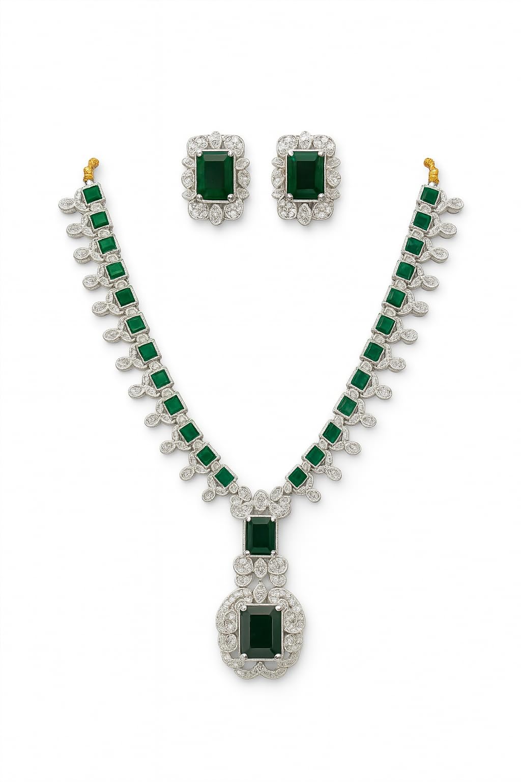 Brass Necklace Earring Set for Women & Girls | Green Stone Necklace Set with Stud Earrings | Ethnic Jewellery for Weddings, Festive, Saree Look | Emerald Green Polki Zircon Jewelry Set-image-13