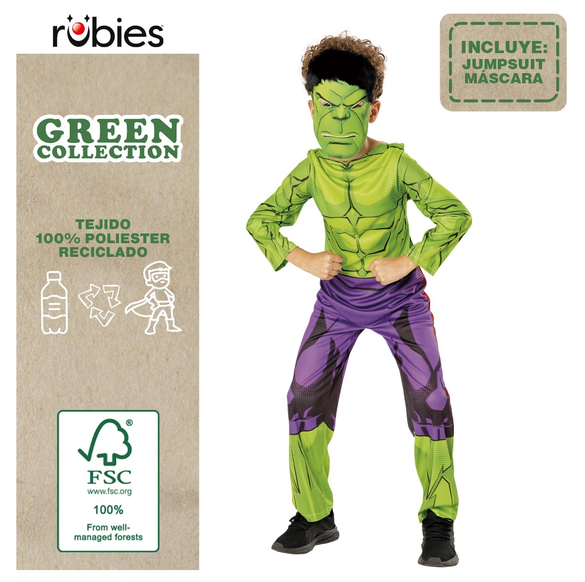 Rubies Costume Hulk per Ragazzi, Tuta Stampata e Maschera con Capelli, Marvel Ufficiale, Green Collection Costumi Sostenibili per Halloween, Natale, Carnevale e Compleanni