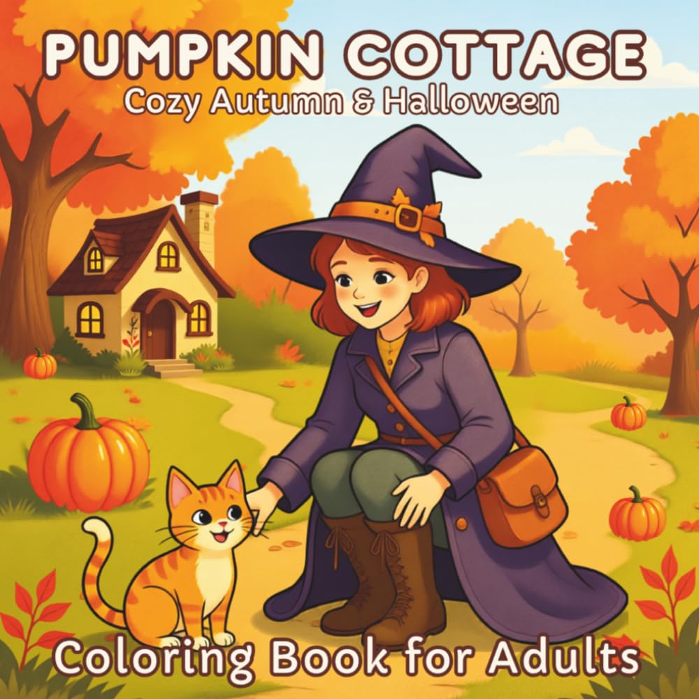 Pumpkin Cottage: Cozy Autumn & Halloween Coloring Book for Adults: 50 Relaxing Pages with Cute Witches, Cozy Cottages, Pumpkins, Black Cats, Fall Landscapes, Harvest Magic and Whimsical Autumn Scenes
