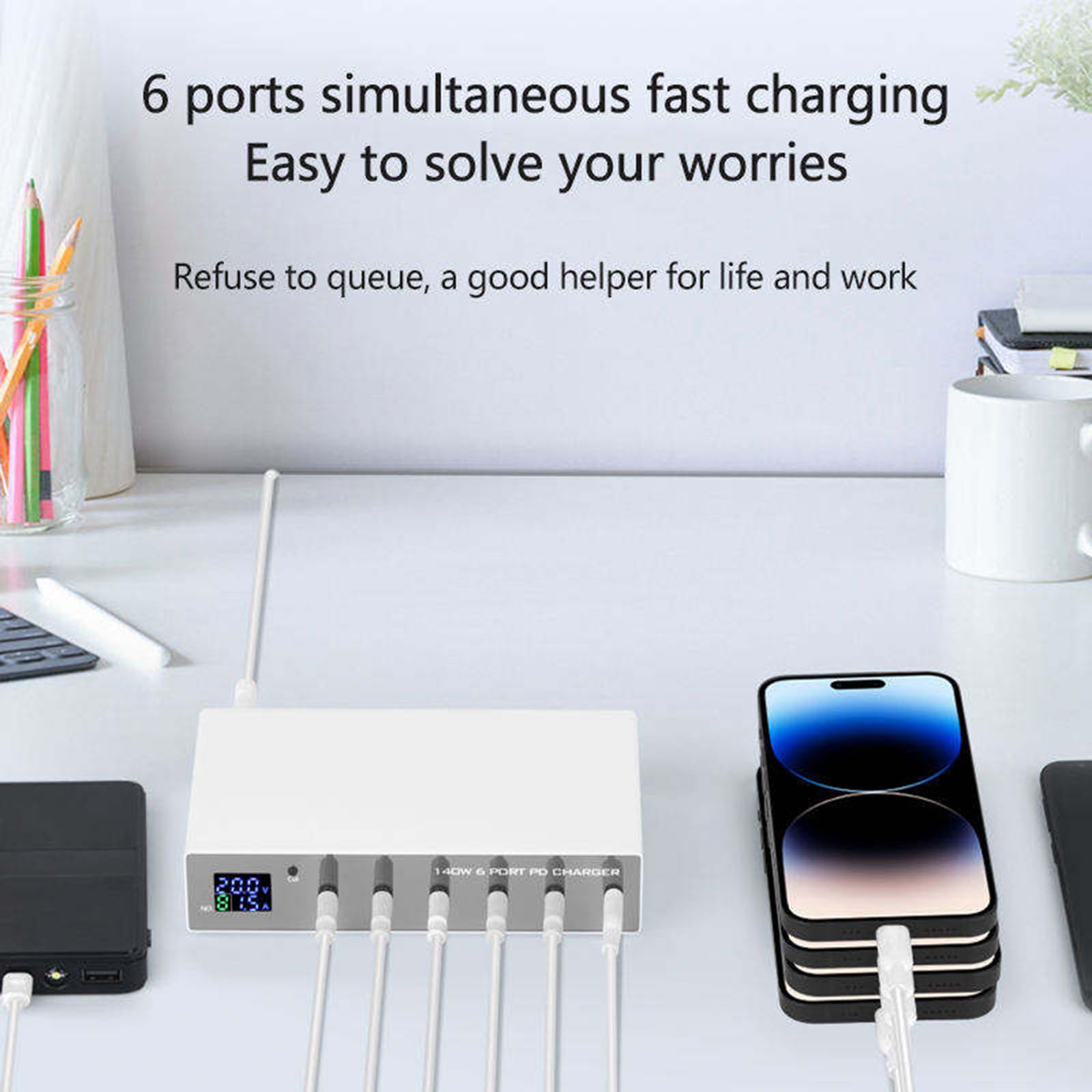 Caricabatterie PD a 6 Porte 140 W più Porte USB per Telefono, Notebook, Tablet, Adattatore per Caricabatterie per Telefono QC3.0 PD3.0, Stazione di Ricarica Rapida da 30 W