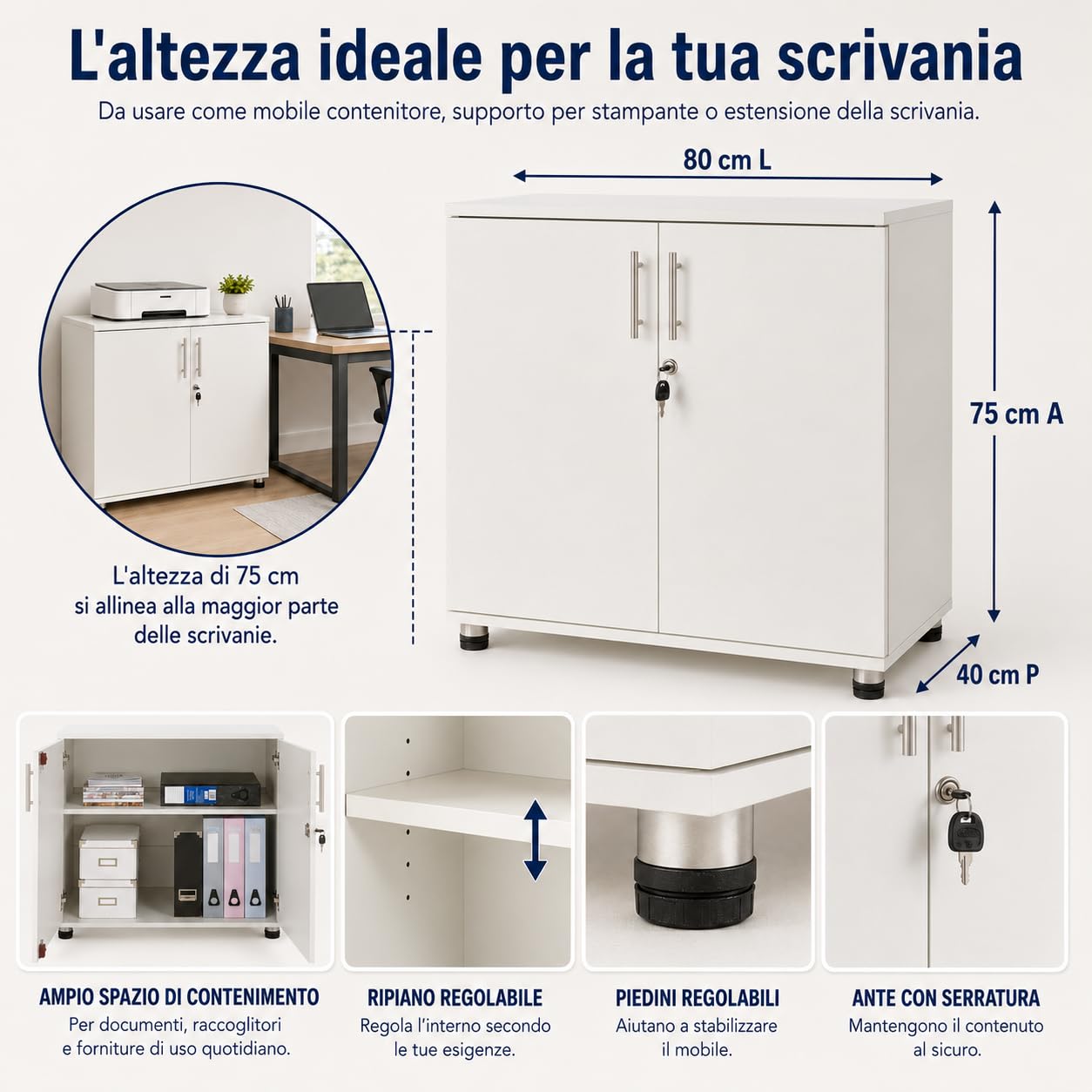 Ufficio Bianco Armadio Armadio scrivania 2 Ante libreria con Serratura Altezza 73 cm Estensione scrivania Altezza