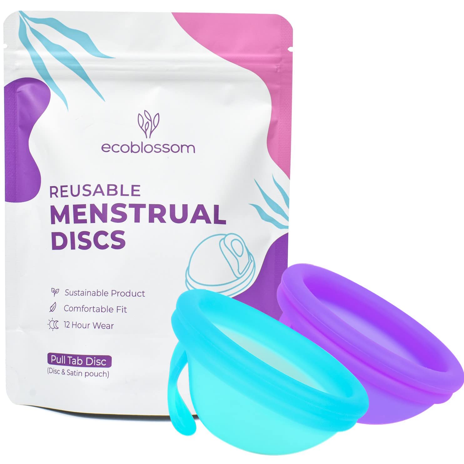EcoBlossomReusable Menstrual Disc - Menstrual Cup - Soft Period Disc for Women Designed with Flexible, Medical-Grade Silicone Period Cup (Pack of 2, Violet & Teal)