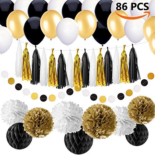 86 pcs Black and Gold Party Decorations Kit SIMPZIA DIY Birthday Party Supplies for Adults 25th, 30th, 40th, 50th, 55th, 60th, 70th & Other Occasions Like Graduation,Wedding, Anniversary, Engagement,