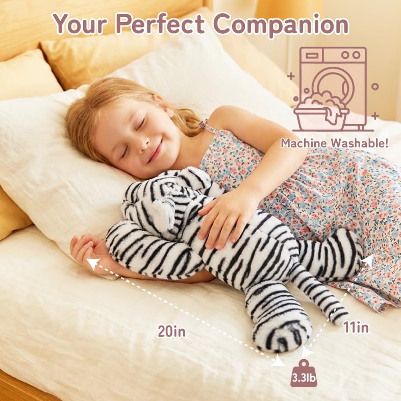 Image of Niuniu Daddy White Tiger Weighted Stuffed Animals, Plush Pillow for Kids | 20 in 3.3 lbs, heavy sensory lap pad, lying body pillow for sleeping, machine wash, huggable gift, cute plushies