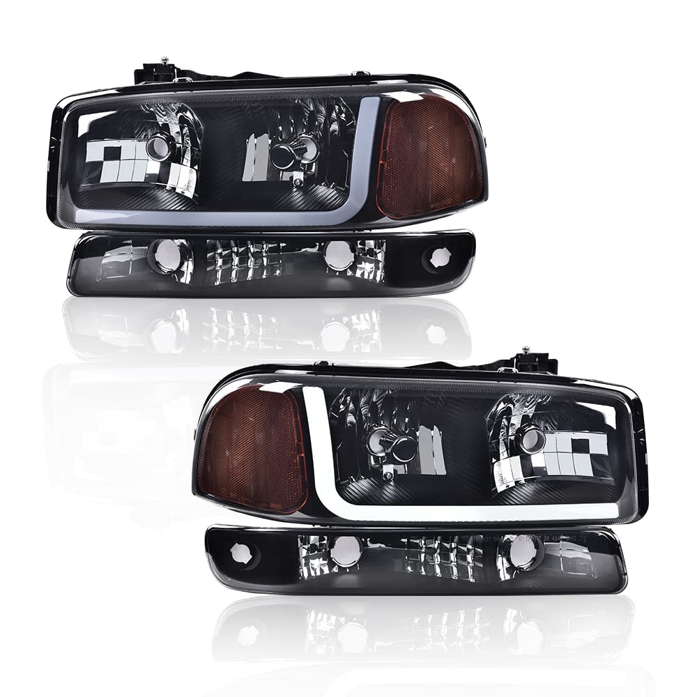 G-PLUS LED DRL headlights, Compatible with 1999-2007 GMC Sierra 1500/2001-2007 GMC Sierra 1500 HD bumper Headlamp, Smoky lens Black Housing Amber Reflector