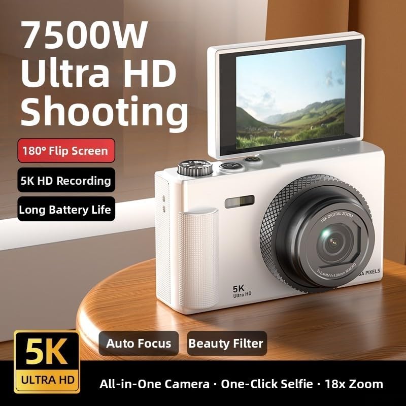 Fotocamera digitale con video 5K, foto da 75 MP, zoom digitale 18x e display flip a 180°, stabilizzazione elettronica dell'immagine per vlog e selfie, bianco