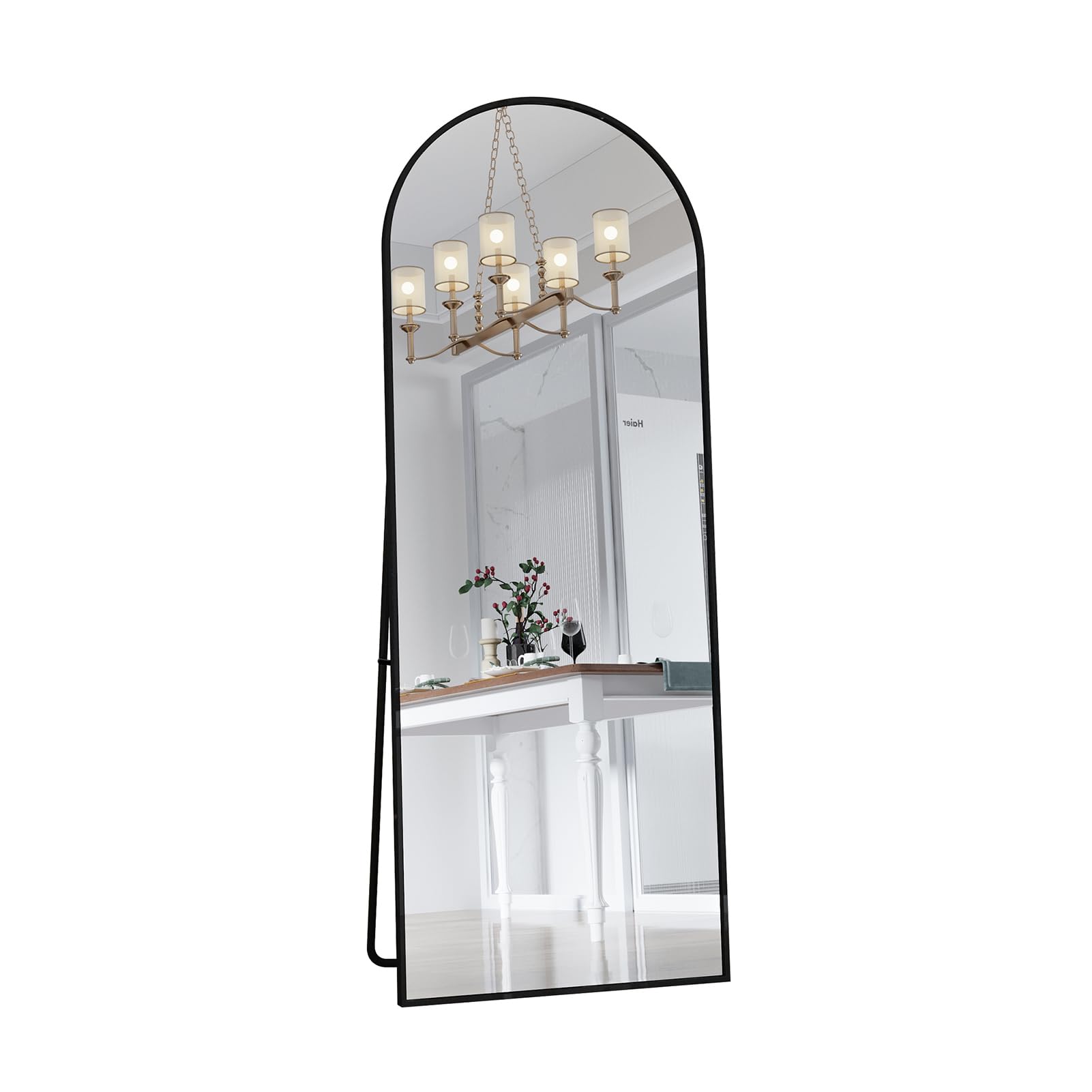 Standspiegel mit Aluminiumrahmen, 162 x 53 cm dekorative Wandspiegel mit gewölbtem Top, Boden großer Spiegel Standspiegel, groß Ganzkörperspiegel, Spiegel für das Badezimmer mit Ständer, Schwarz