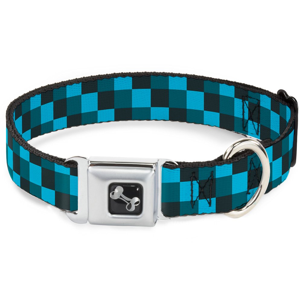 Buckle Down 11-17" Checker Trio Baby Blue/Black/Turquoise Dog Collar Bone, Medium