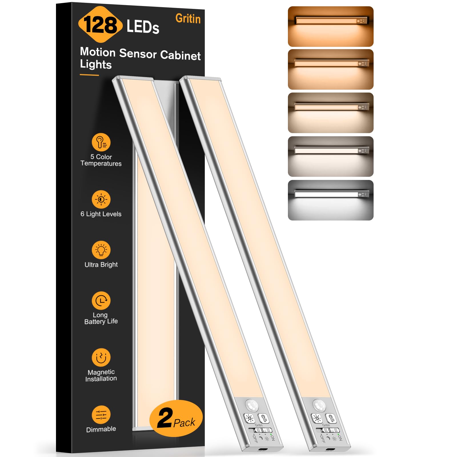 Gritin Gen 2 Under Cabinet Kitchen Lights 37.3CM/2PK-5 Colors&6 Brightness