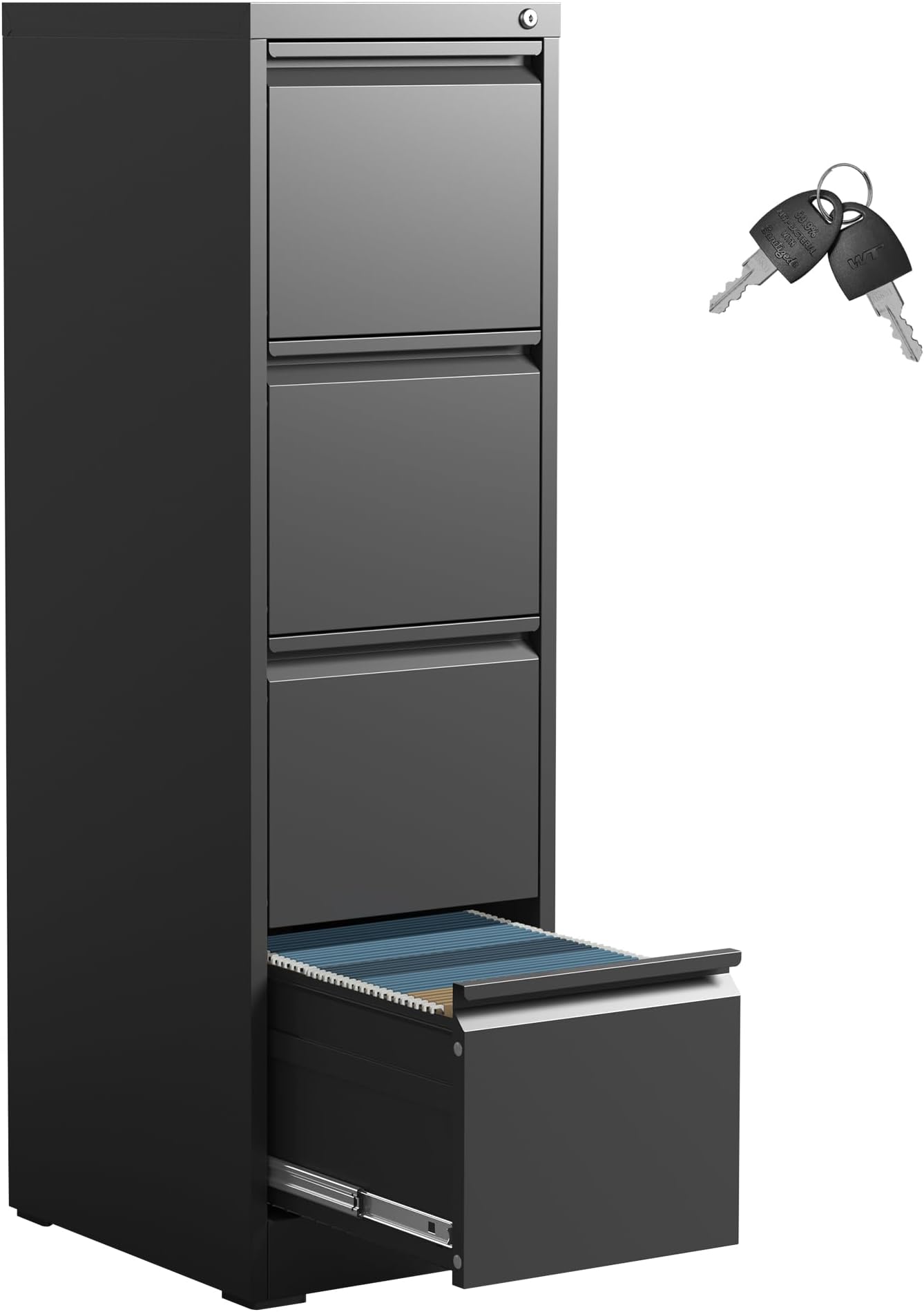 IKIMI 4 Drawer File Cabinet,Metal Filing Cabinets with Lock,Black Vertical File Cabinet for Home Office,Heavy Duty Metal Storage Cabinet for A4/Letter/Legal Size File,Assembly Required