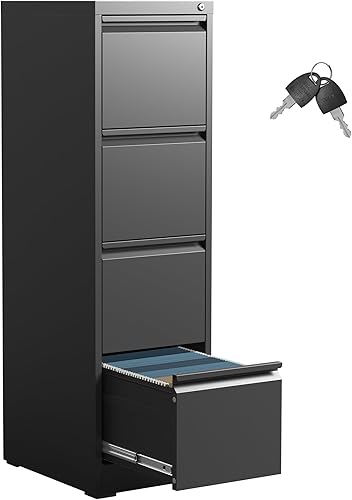 IKIMI Archivador de 4 cajones, archivadores de metal con cerradura, archivador vertical negro para oficina en casa, gabinete de almacenamiento de