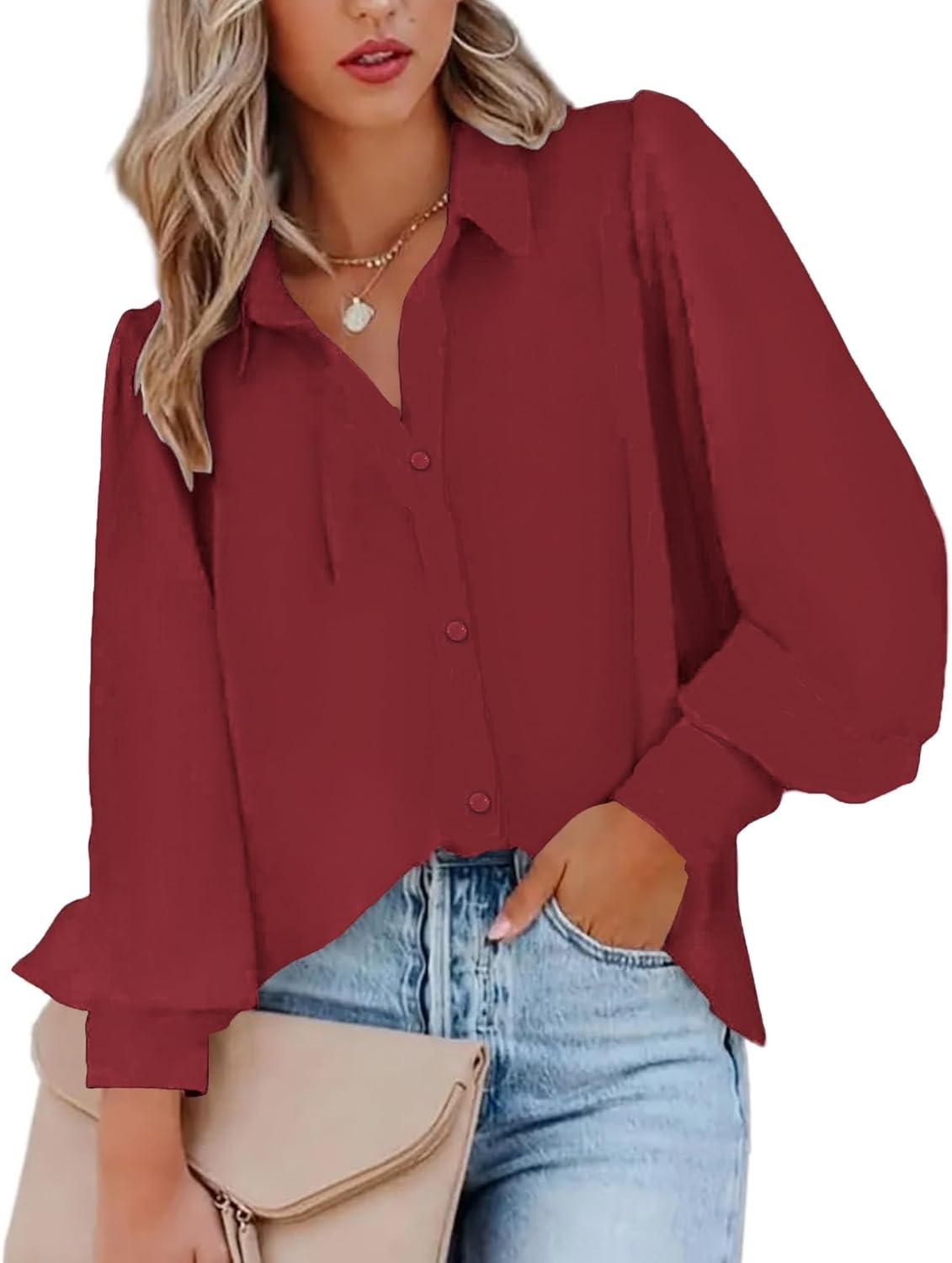 Chemisier Femme Manches Longues Bouffantes – Col En V Avec Boutons – 100% Polyester – Taille S à XXL