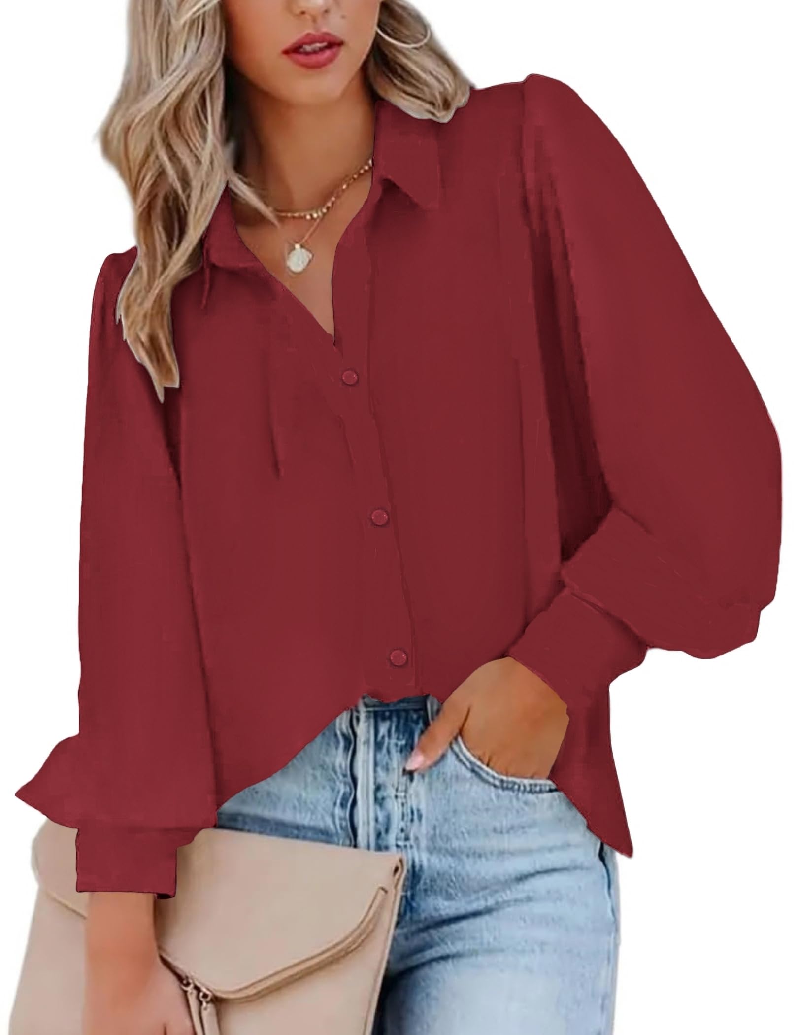 ZEAGOO Damen Bluse Elegant Puffärmel Hemdbluse LässigesV-Ausschnitt Longbluse Langarm Business Oberteile