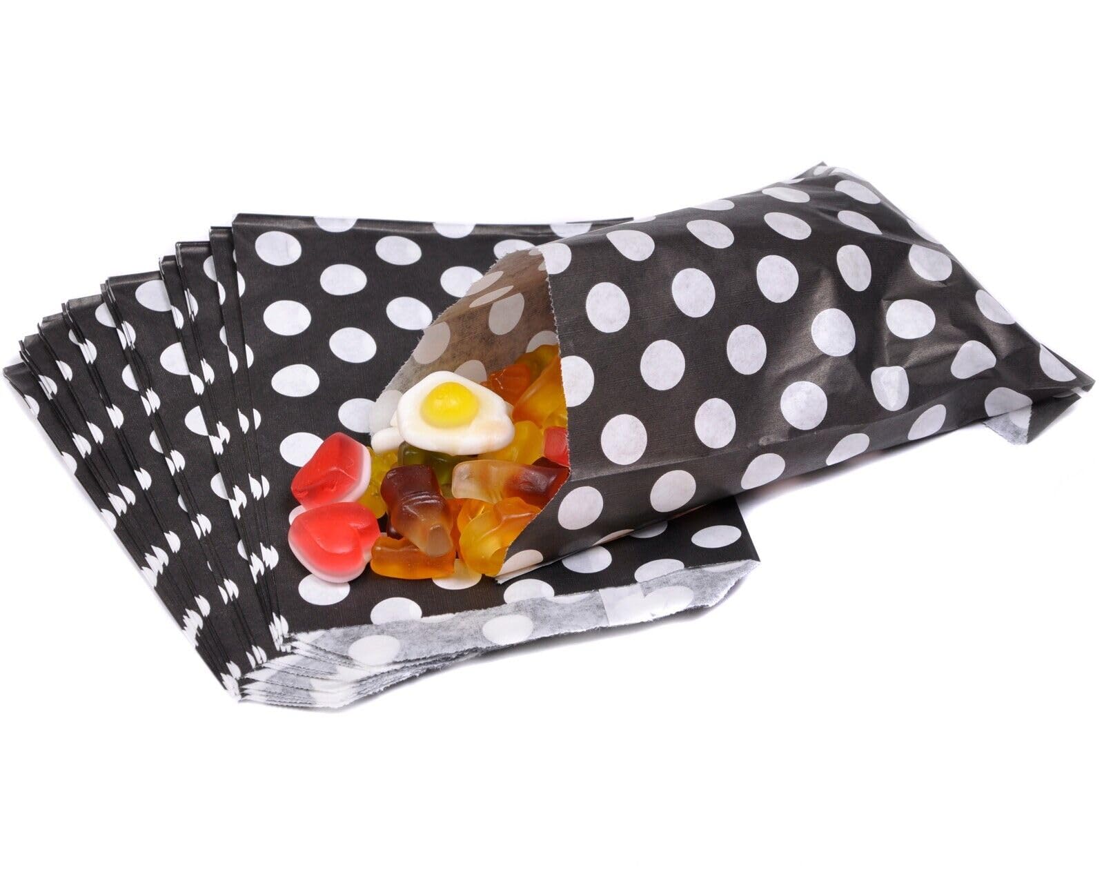 Bag It Plastics Polka Dot Paper Sweet Bags | Black | 5" x 7" / 125x175mm | Pack of 1000 | Multipurpose Use for Sweets, Popcorn, Wedding Favours, Pick and Mix & Cookies!