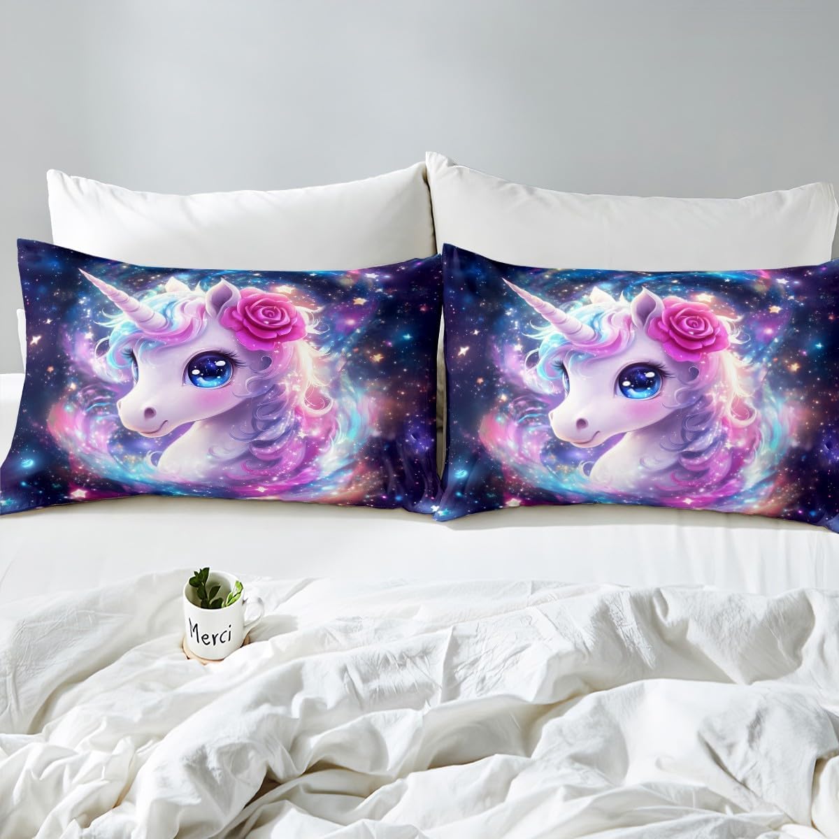 Kawaii Unicorn Duvet Cover Set Toddler Size,Starry Sky Galaxy Comforter Cover 2Pcs for Kids Girls Boys Teens Bedroom Decor,Magical Animals Bedding Set Dreamy Pink Purple Quilt Cover,1 Pillowcase
