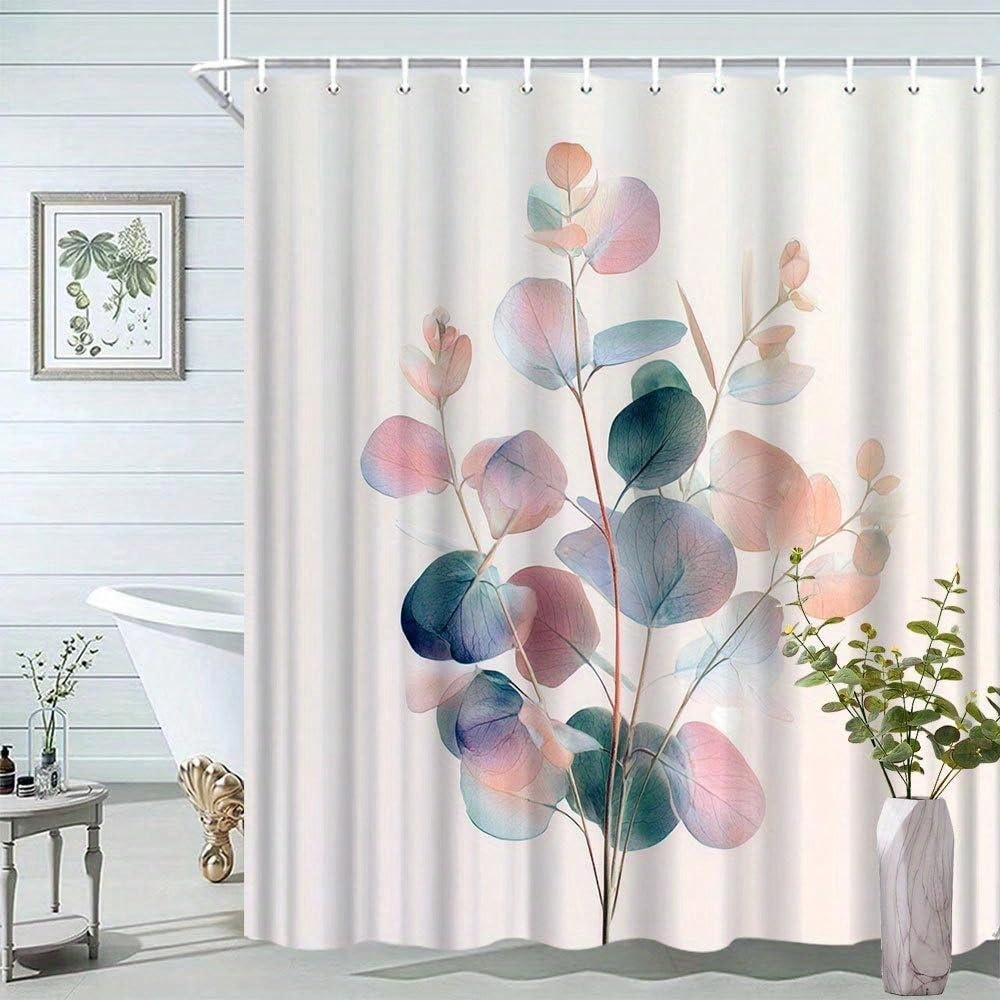 GLKSDLPO 1pc Eucalyptus Branch Shower Curtain - Pastel Pink Blue Mint Green Leaves On Gradient,Natureinspired Design With 12 Hooks(183x214cm/72x84in(WxH))