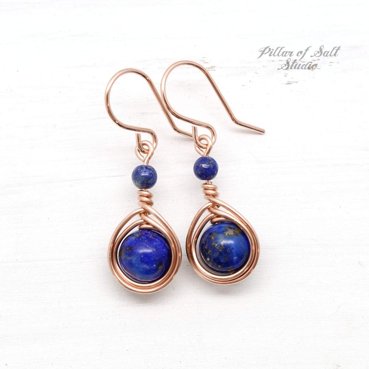 Pillar of Salt Studio Handcrafted Earrings Rose Gold-filled Wire Wrap with Lapis Lazuli Gemstones (1" drop)