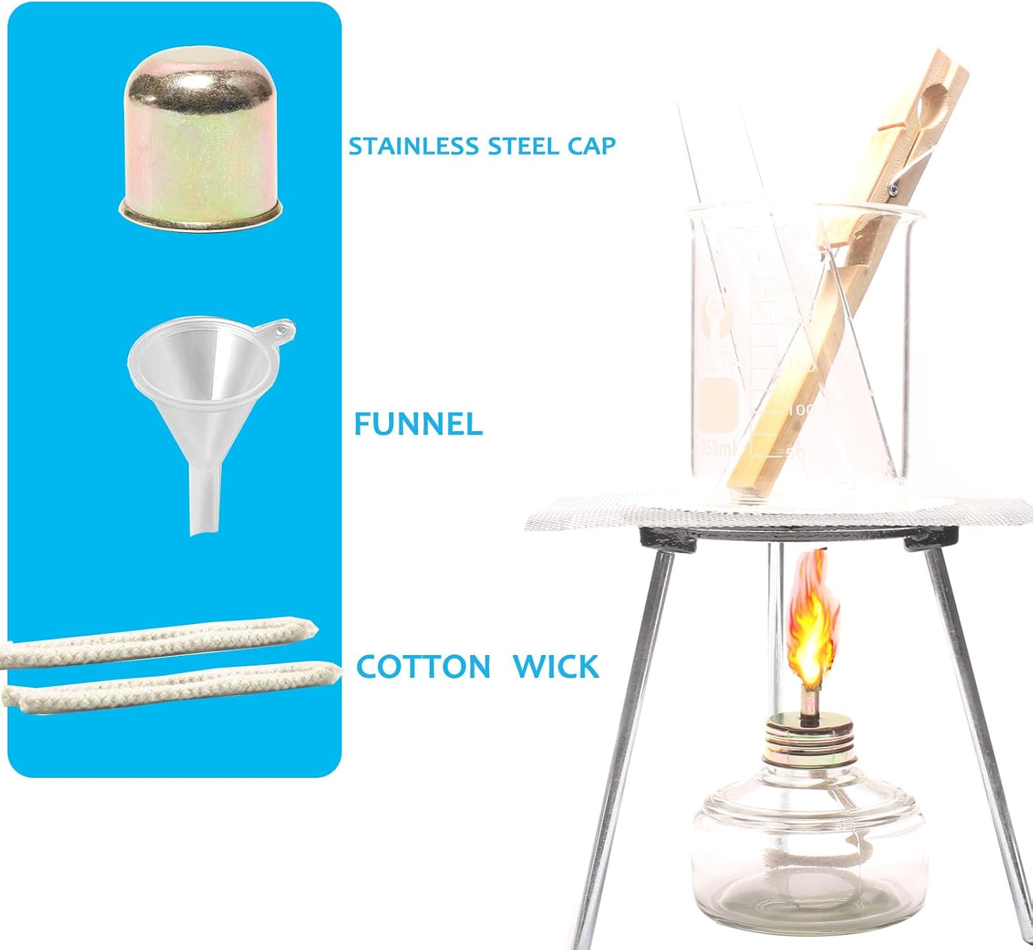 150ml Dental Empty Alcohol lamp Bottle Glass Bunsen Burners Lab or School Chemistry lab Equipment Heating for Science Experiments Come with 5 Replacement Wicks and 1 Funnel