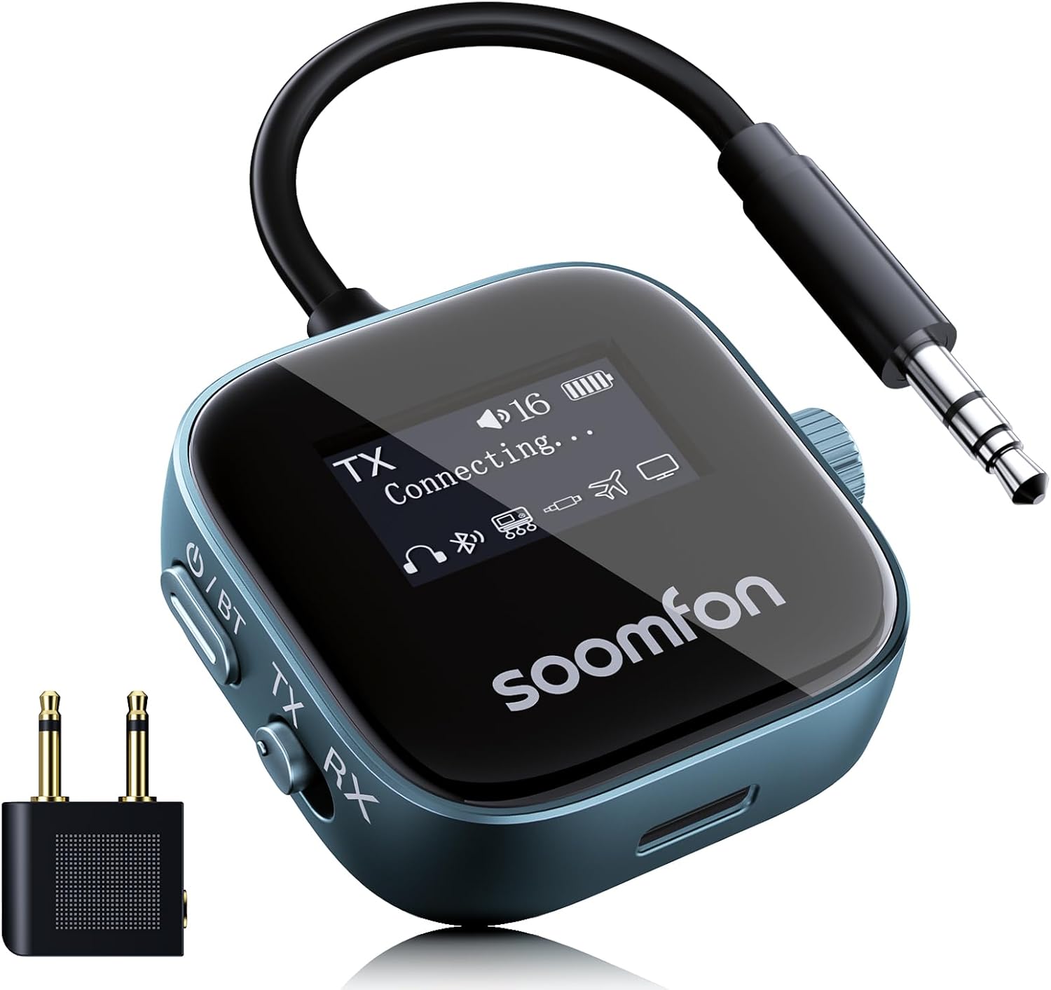 SOOMFON Bluetooth 5.3 Transmitter, 2 in 1 Bluetooth Adapter 3.5 mm AUX Jack, Wireless Transmitter with LCD Display, Audio Broadcast Receiver Transmitter for TV/Airplane/Car/Headphone/Speaker