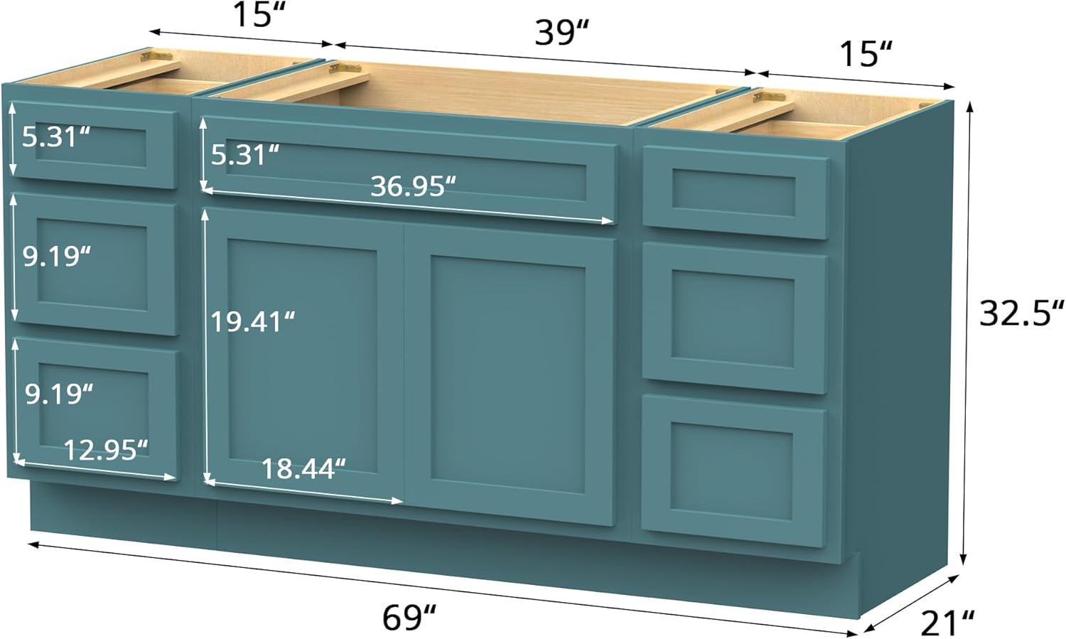 Dimensional diagram of the Vanity Art 69 Inch Bathroom Vanity Base