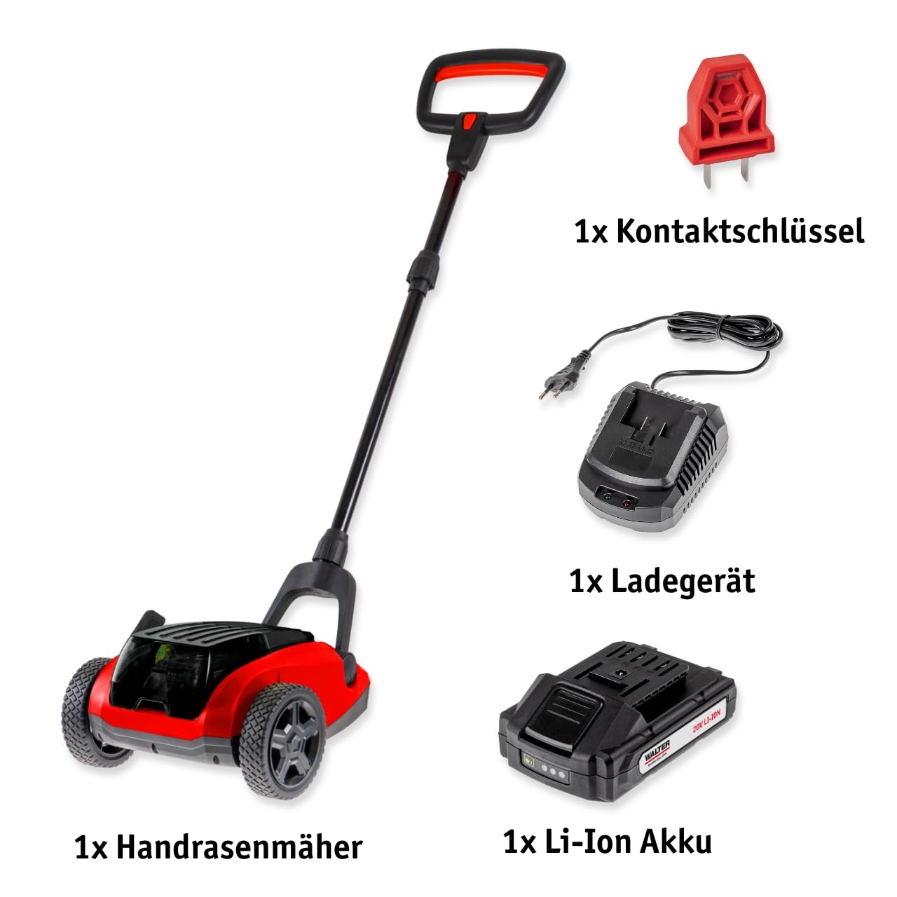 WALTER Akku-Handrasenmäher 20V - Bürstenloser Motor, Einstellbare Schnitthöhe 25-48 mm, Leicht und Flexibel, Inkl. 2,0Ah Li-Ionen-Akku & Ladegerät, Ideal für Kleine Rasenflächen bis 50 m²