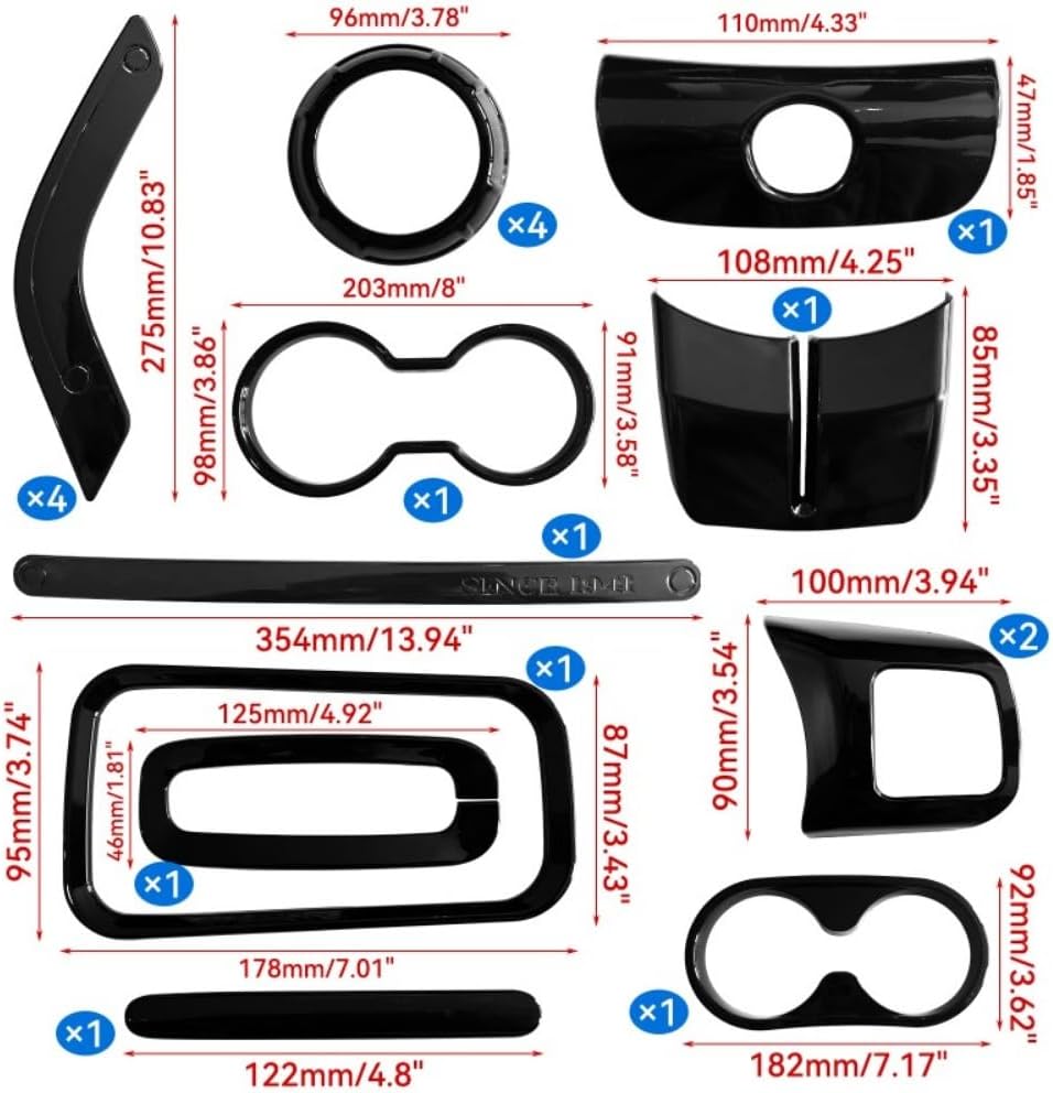 18 PCS Full Set Interior Decoration Trim Kit Steering Wheel Center Console Door Handle Air Conditioning Vent Cup Holder Gear Cover Trim for Jeep for Wrangler JK JKU 2011-2018 4-Door (Red) (Black)