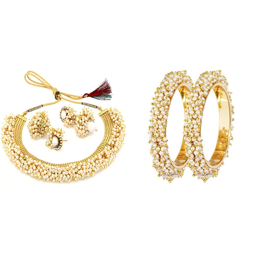 YouBella Jewellery Exclusive Gold Plated Pearl Studded Traditional Temple Necklace Set with Earrings for Girls and Women and Traditional Pearl Studded Gold Plated Bangles for Women and Girls (B08WD6P7BH) Amazon Price History, Amazon Price Tracker