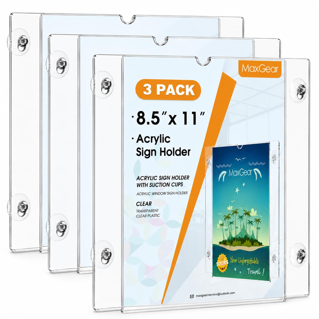 MaxGear Acrylic Sign Holder 8.5 x 11 with Suction Cup and Screws, 3 Pack