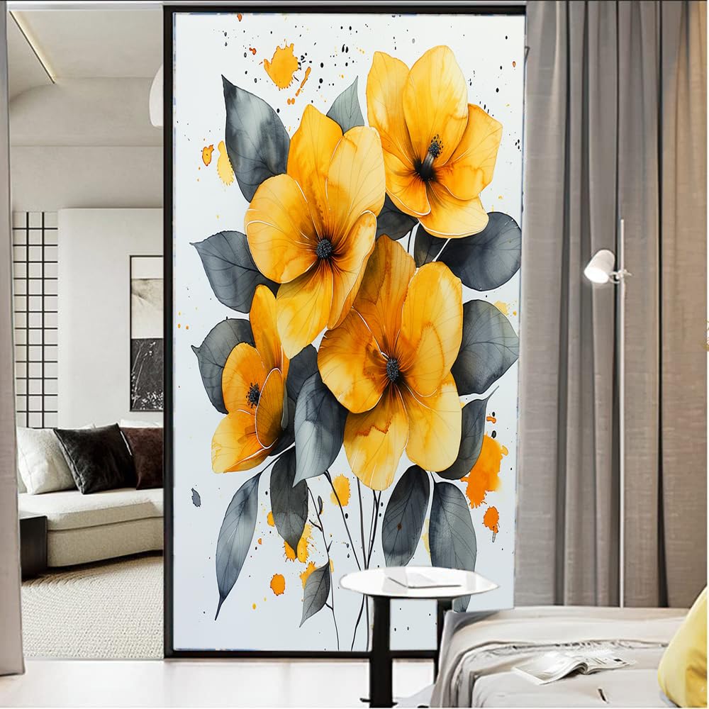 Aquarell-Blumen-Fensterfolie, Retro, gelbe Blumen, schwarze Blätter, Milchglas-Fensterfolie, dekorativ, statisch haftend, für Glas für Zuhause, 90 x 140 cm