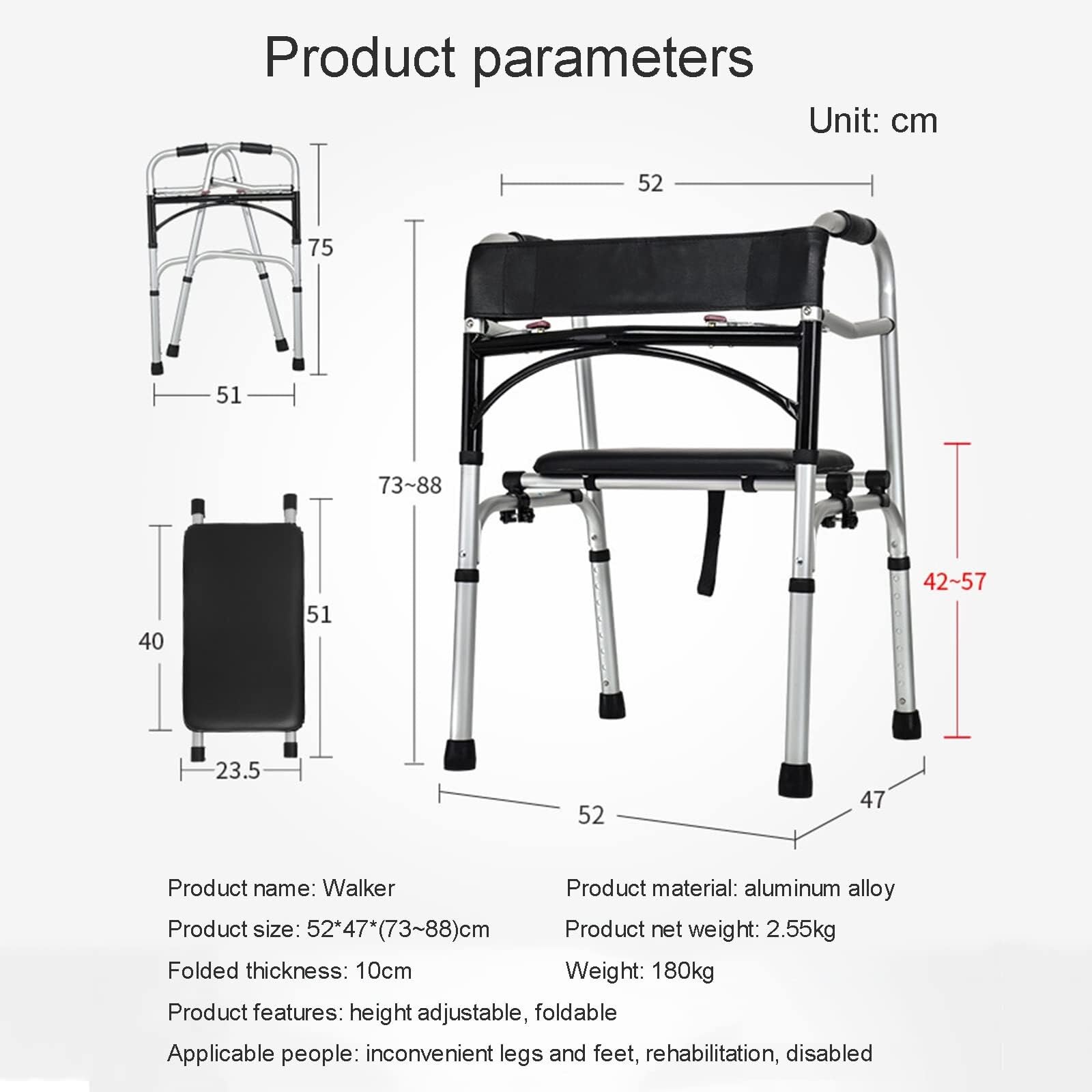 Rollator Walkers, składane chodziki z kółkami, aluminiowy chodzik dla seniorów i dorosłych, rehabilitacja stojąca, regulowana wysokość, kolor 4
