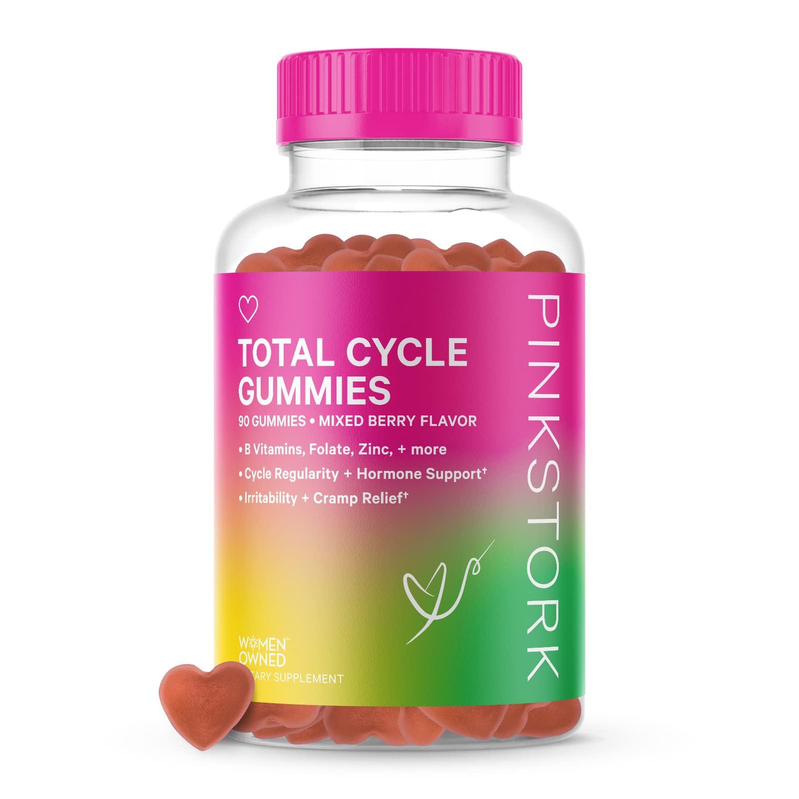 Pink Stork Total Cycle Gummies: PMS Relief & Period Relief for Women, Menstrual Support & Prenatal Vitamin, Zinc, Folate, Vitamin B, Hormone Balance for Women, Women-Owned, 90 Mixed Berry Gummies