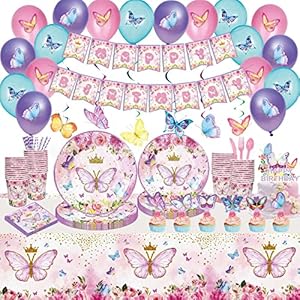 Aisny 195 Pieza de Vajilla de Fiesta de Cumpleaños con Mariposa, Juego de Accesorios de Fiesta con Globos Platos de Papel Servilletas Mariposas Pajitas para Decoración de Cumpleaños 18 Invitados