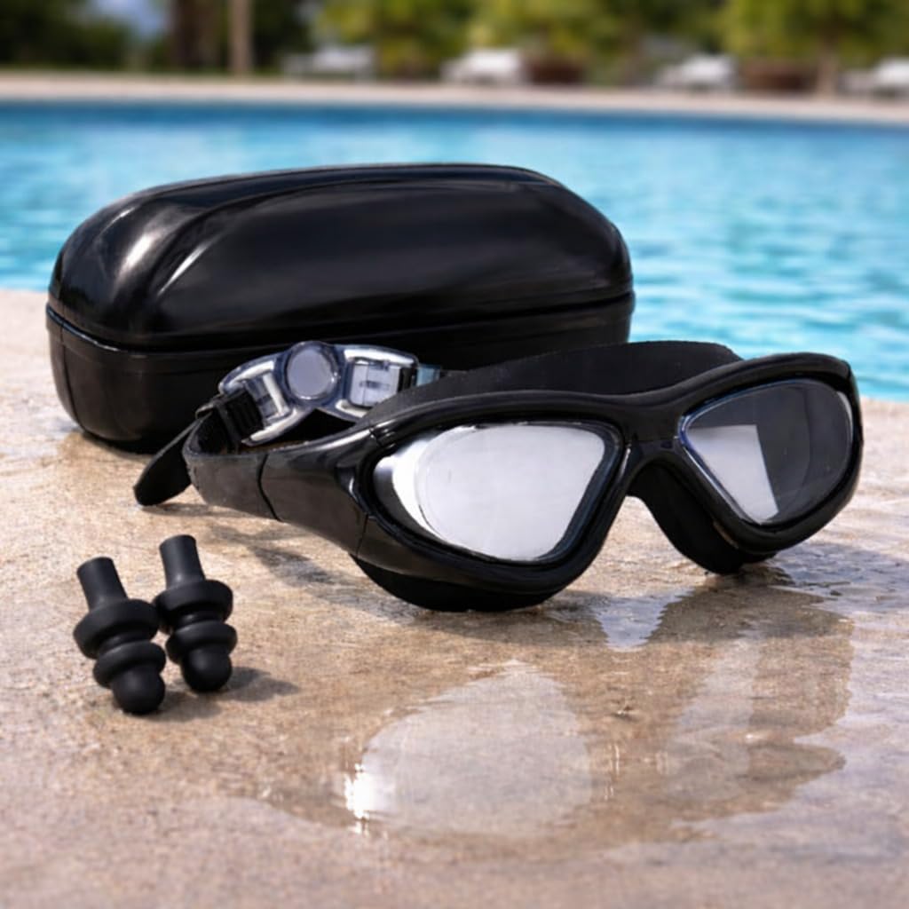 Toy Imagine Big Frame Competition Swim Goggles with Protective Case | Pro Clear Wide-Vision Lens, UV & Anti-Fog Protection | Adult Men & Women (Black)-image-49
