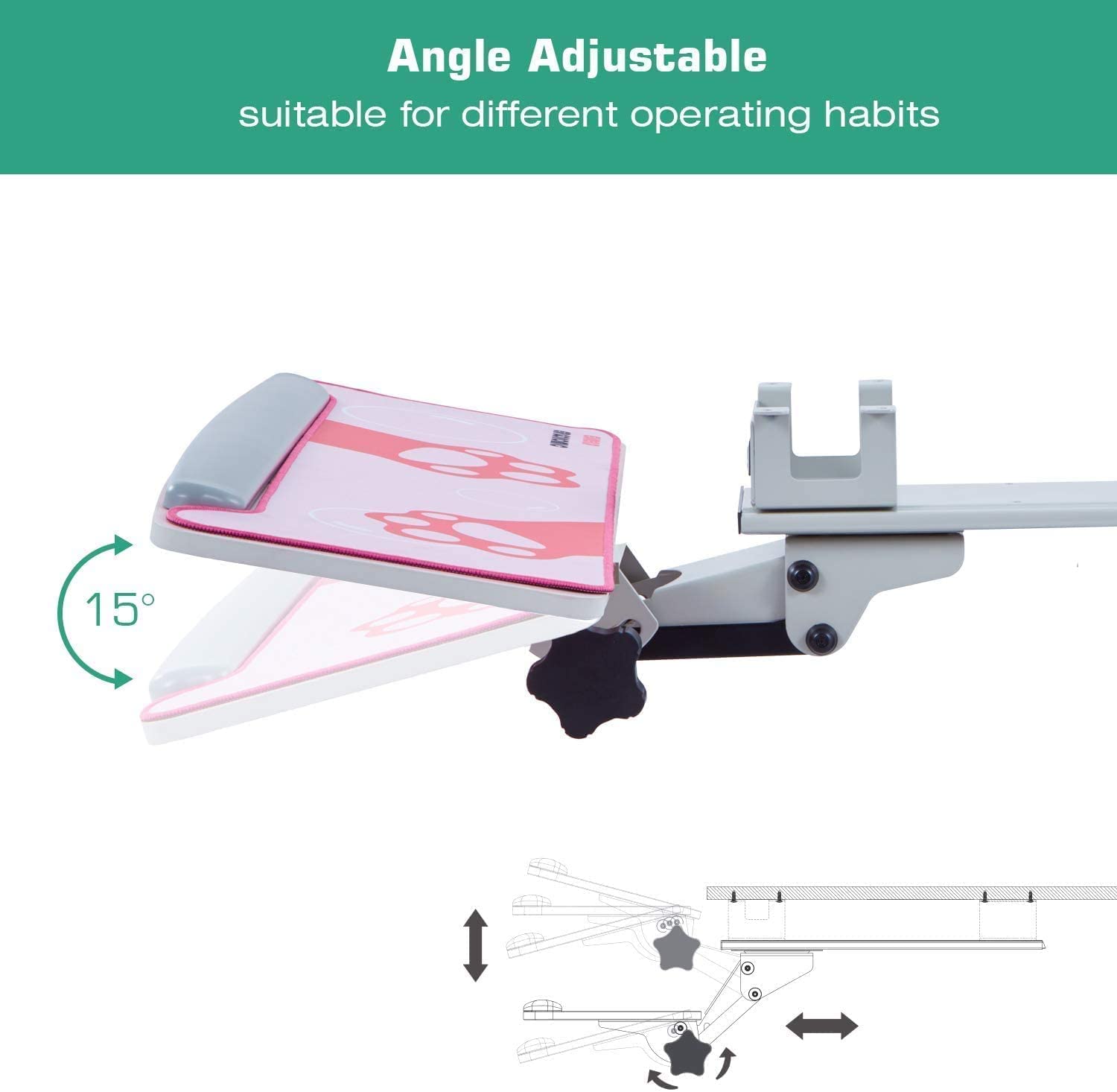 EUREKA ERGONOMIC,Keyboard Tray Under Desk,360°Adjustable with Wrist Rest,with Pink Mouse Pad