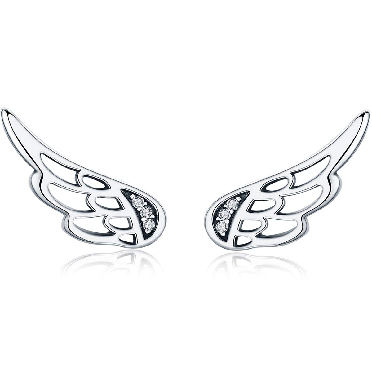 Orecchini A Bottone Con Ali D'Angelo In Argento Sterling 925 – Piccole Piume Con Zirconia – Gioiello Delicato Per Donna
