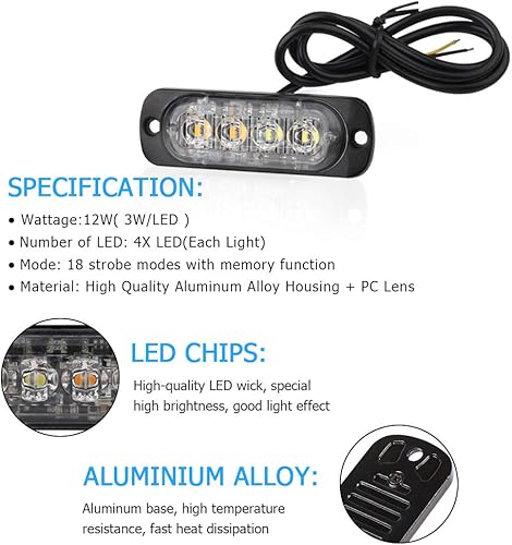 Miniatura 9 de Barra de luz estroboscópica de emergencia azul de 4 LED, 18 modos intermitentes, montaje en superficie ultrafina, luz intermitente, luces de