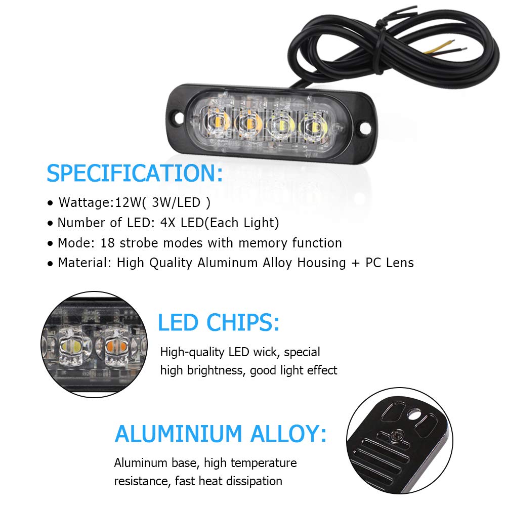 4 szt. 4 LED ultra cienkie światło ostrzegawcze o zagrożeniu awaryjnym, bursztynowo-białe, stroboskopowe światło ostrzegawcze, funkcja synchronizacji, migające światła ostrzegawcze do