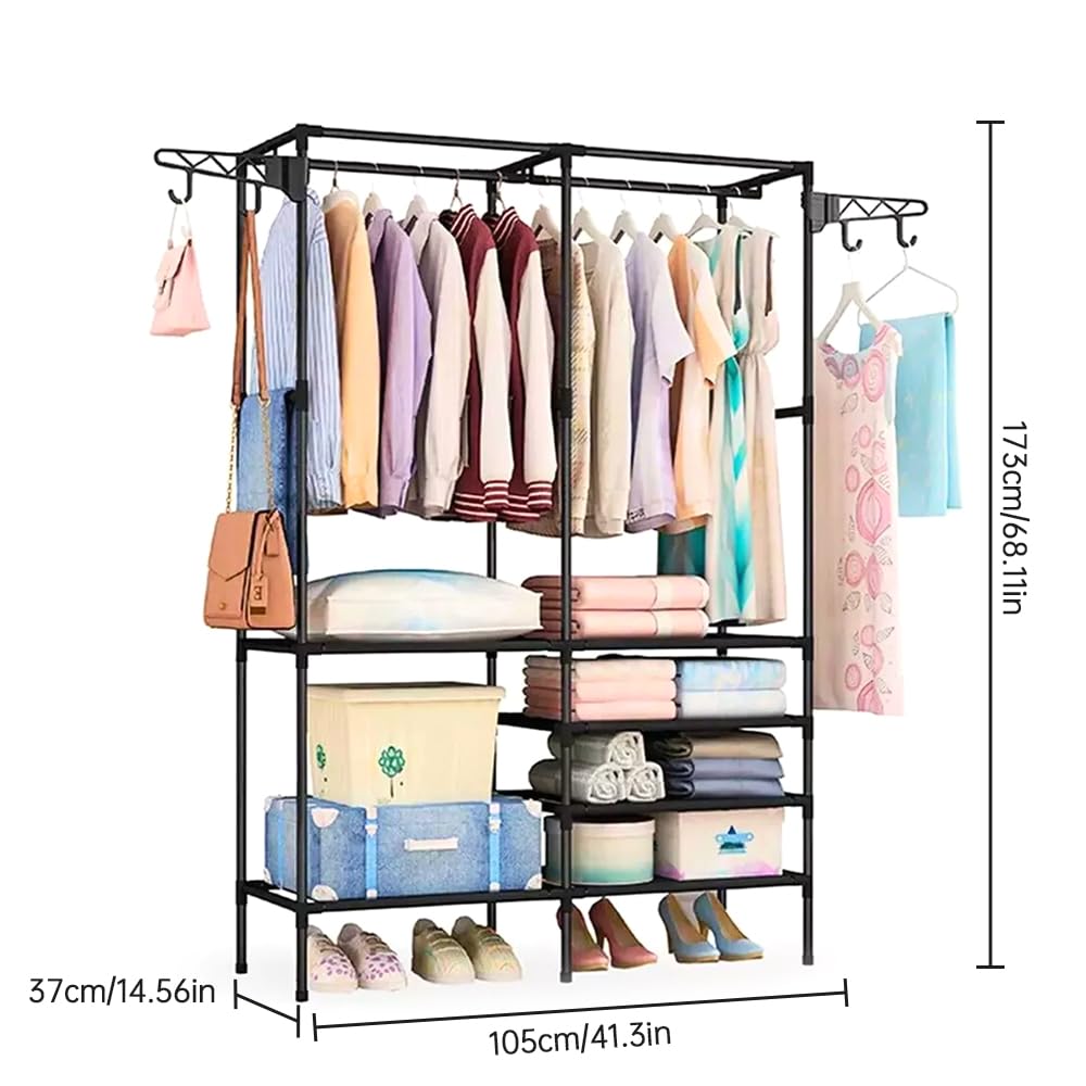 Lybunair Double Rod Clothes Rack Heavy Duty Steel Pipe Garment Rack with 6 Spacious Shelves, 2 Removable Hooks for Bedroom, Closet, Entryway, Living Room